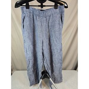 Tahari Essentials High Rise Wide Leg Blue Linen Pants Size L Pockets 100% Linen